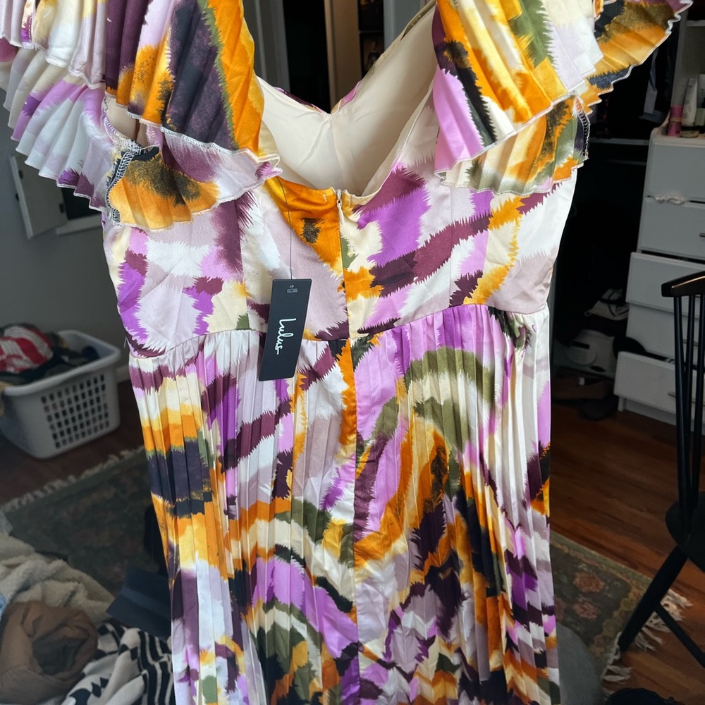 Lulu’s Authentically Yours Cream Multi Abstract Print Satin Midi Dress